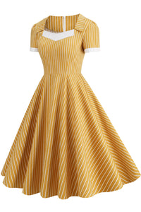 Yellow Striped A-line Dress with Short Sleeves