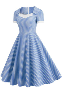 Blue Striped A-line Dress with Short Sleeves