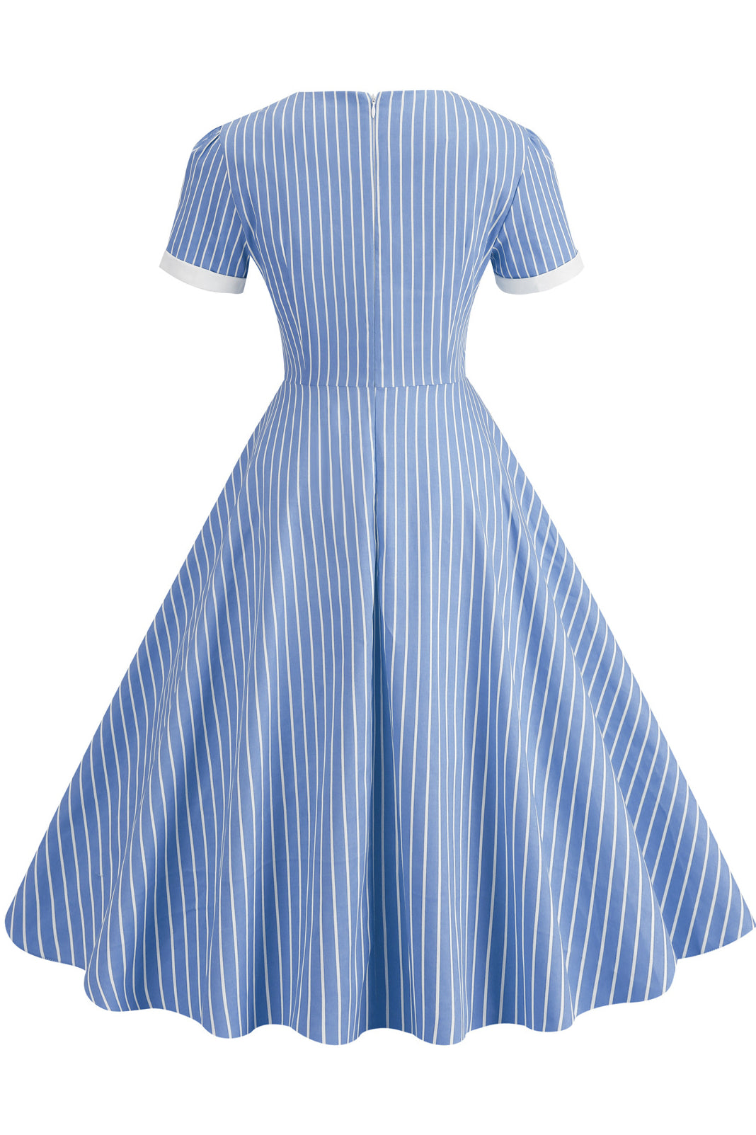 Blue Striped A-line Dress with Short Sleeves