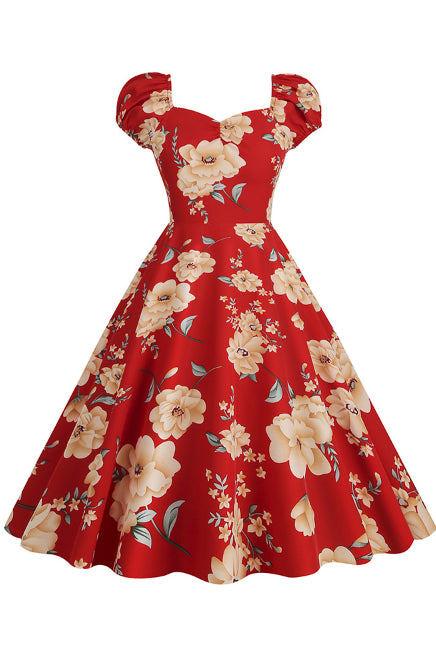 Red Floral A-line Puff Sleeves Vintage Dress