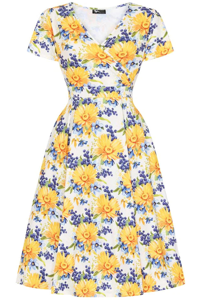 Yellow Floral Surplice A-line Vintage Dress