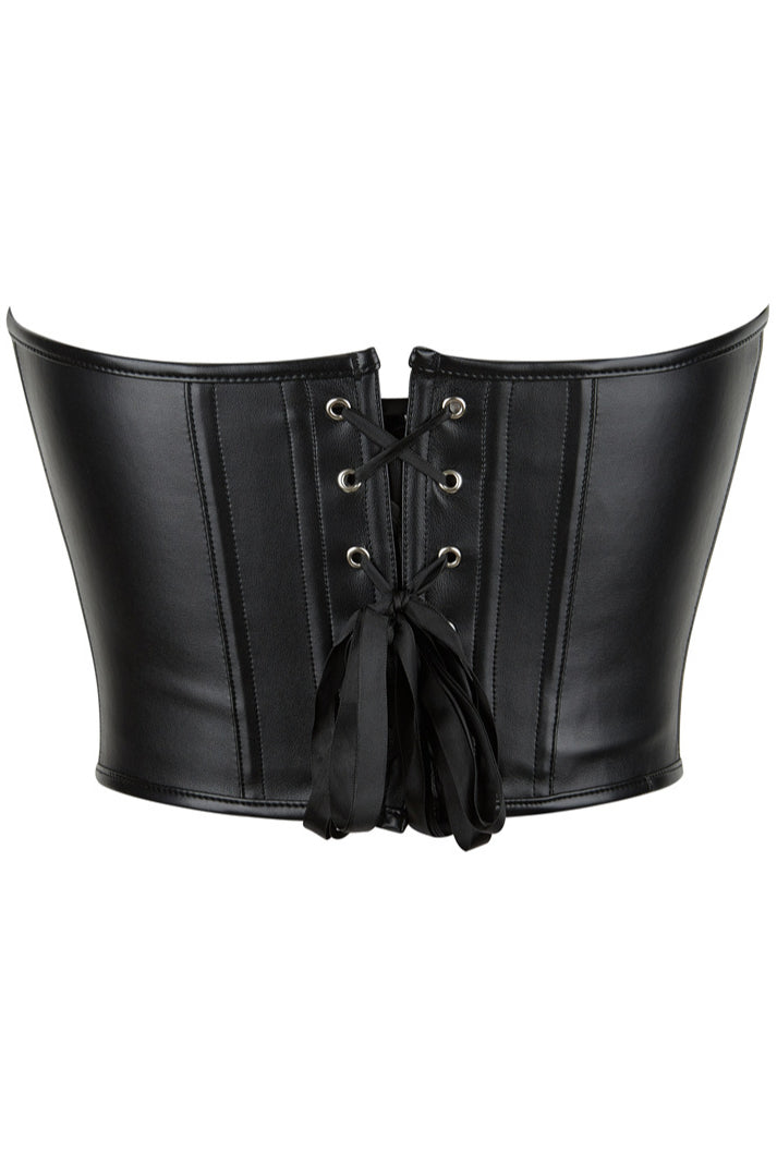 Black Strapless Lace-Up Leather Boned Bustier Corset Top