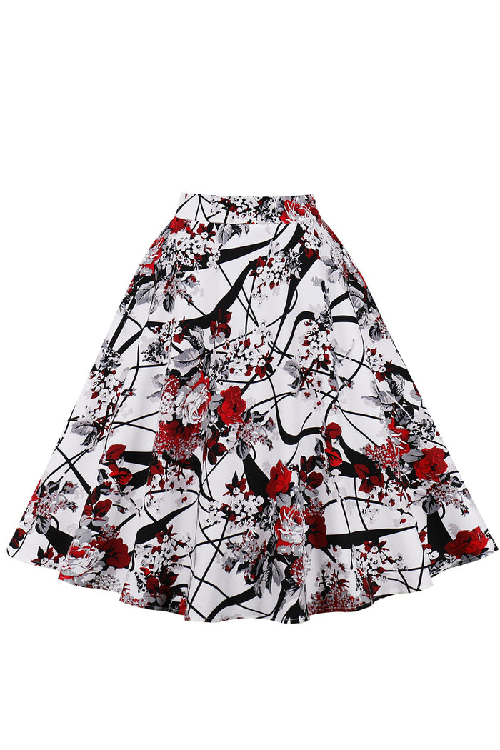 White A-line Short Skirt with Red Floral