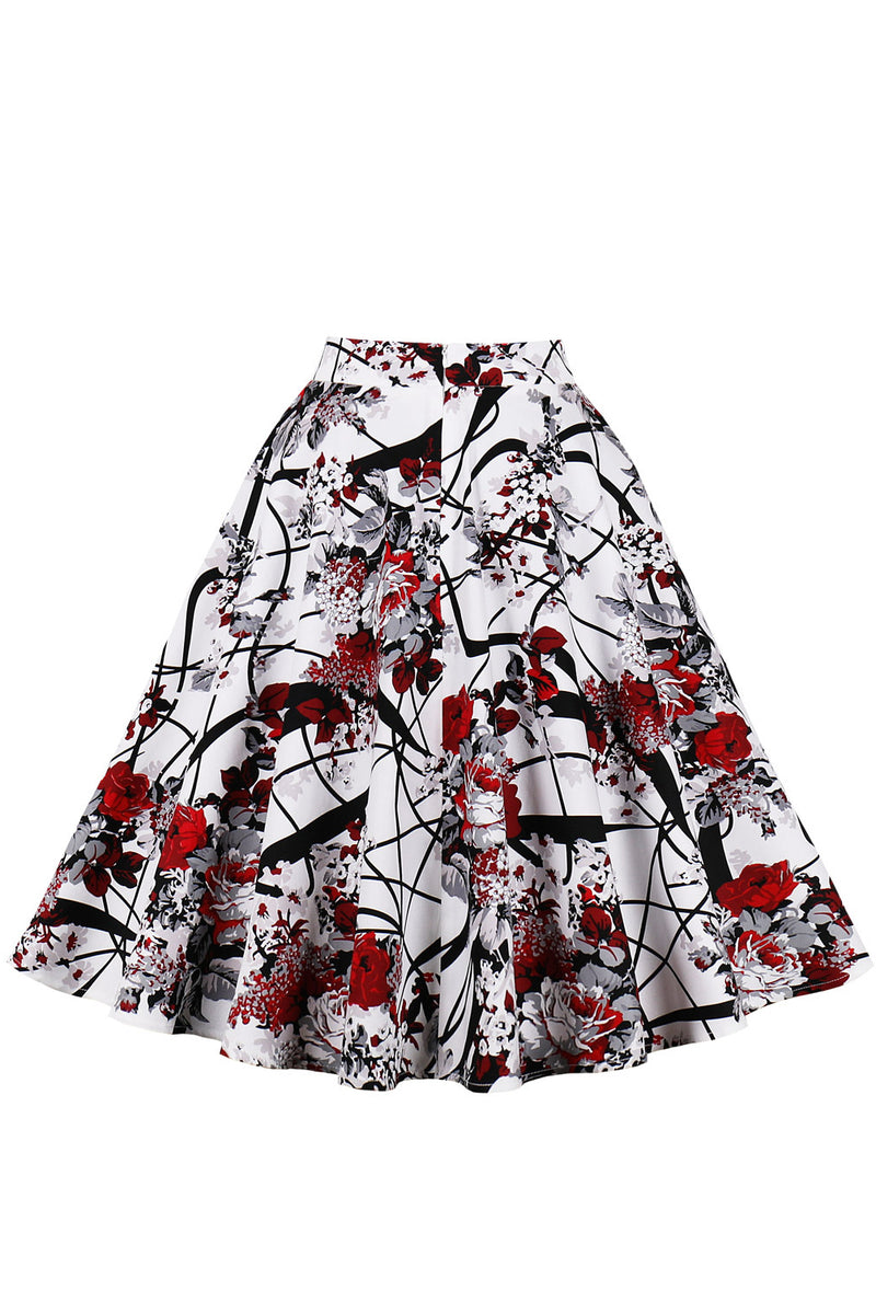 White A-line Short Skirt with Red Floral