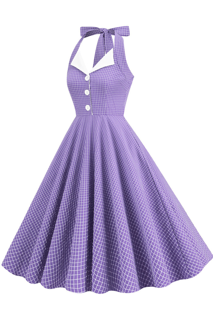 Vintage Purple Plaid Bow Tie Halter A-line Dress