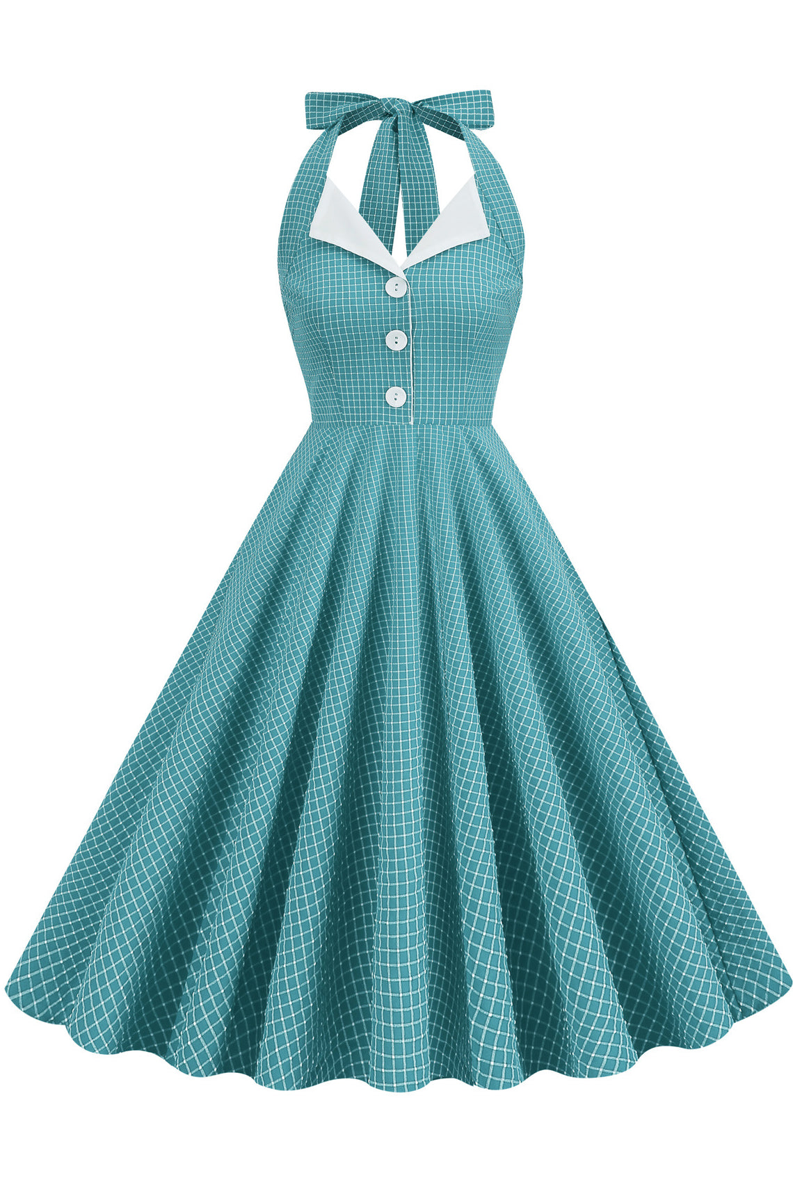 Vintage Green Plaid Bow Tie Halter A-line Dress