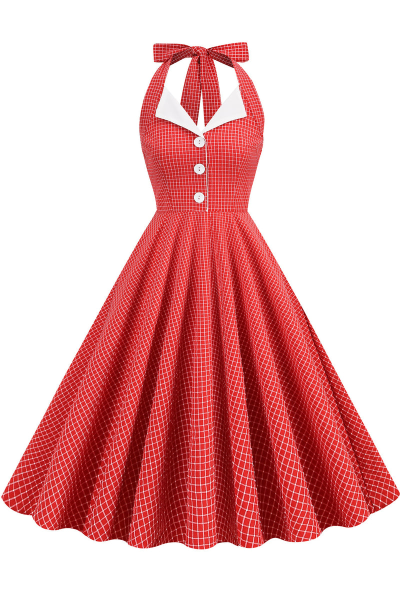 Vintage Red Plaid Bow Tie Halter A-line Dress
