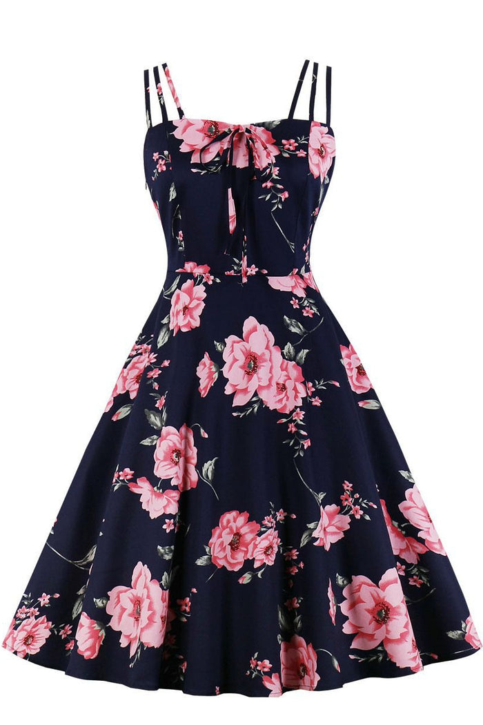 Navy Blue A-line Silp Vintage Dress with Pink Floral