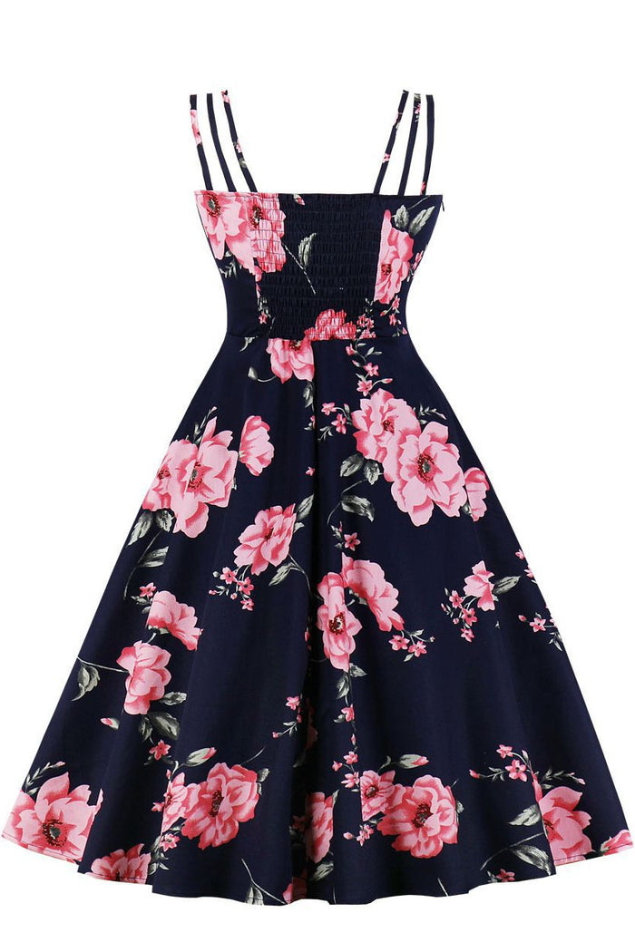 Navy Blue A-line Silp Vintage Dress with Pink Floral