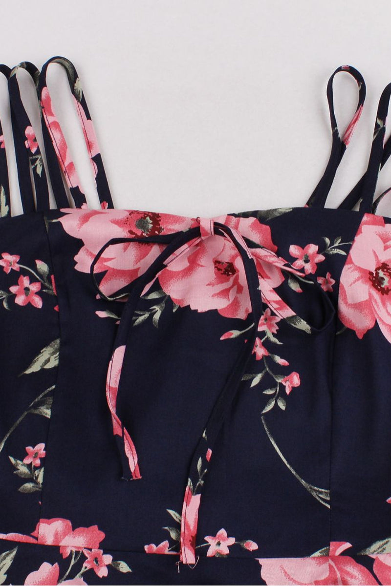 Navy Blue A-line Silp Vintage Dress with Pink Floral