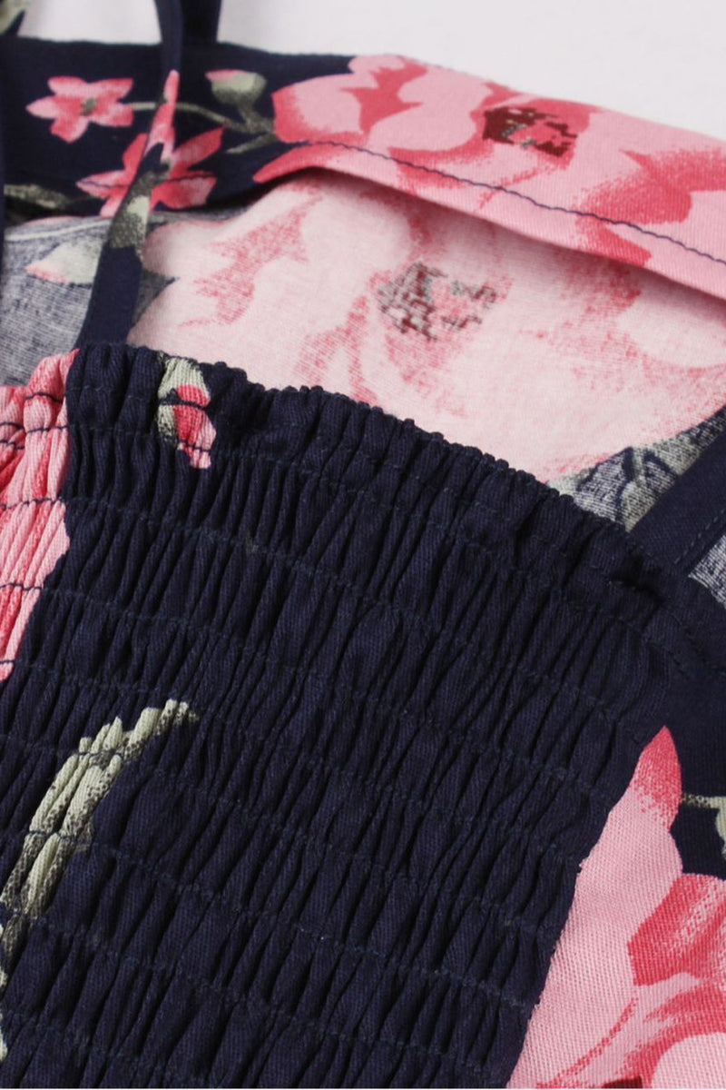 Navy Blue A-line Silp Vintage Dress with Pink Floral