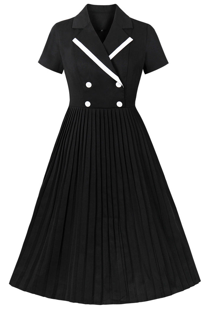 Elegant Black Lapel A-line Short Sleeves Vintage Dress