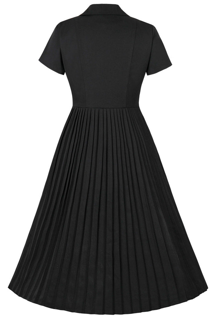 Elegant Black Lapel A-line Short Sleeves Vintage Dress