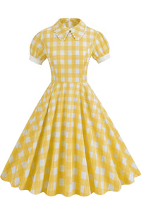 Herbene Yellow Plaid Doll Collar A-line Dress