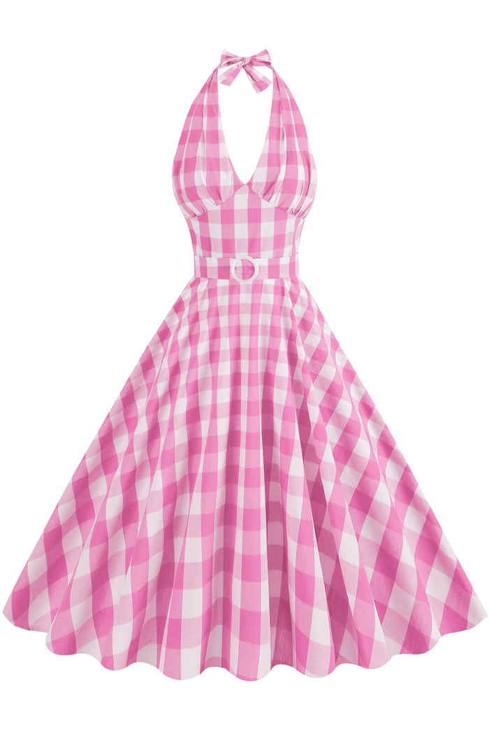 Monroe Pink Plaid Halter Dress