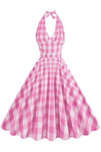 Monroe Pink Plaid Halter Dress