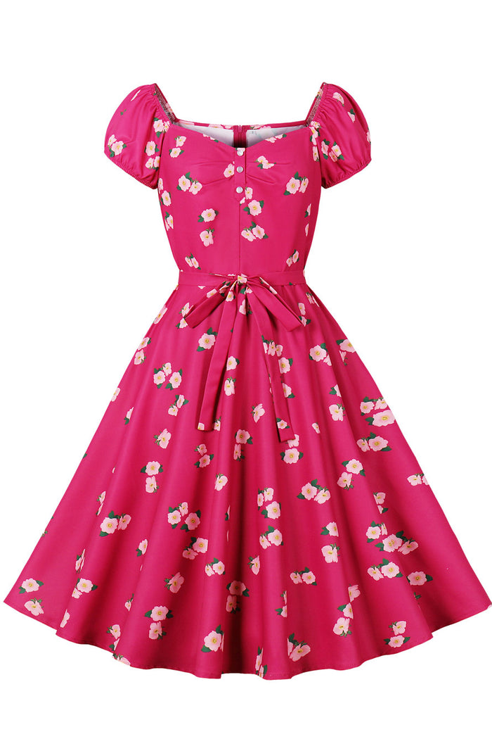 Rose Pink Puff Sleeves A-line Floral Bow tie Sash Vintage Dress
