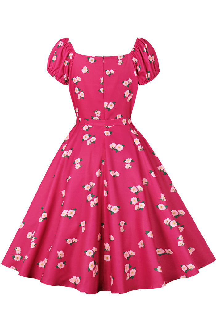 Rose Pink Puff Sleeves A-line Floral Bow tie Sash Vintage Dress