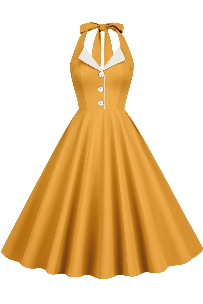 Yellow  Bow Tie Halter A-line Lapel Dress