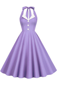Purple Bow Tie Halter A-line Lapel Dress