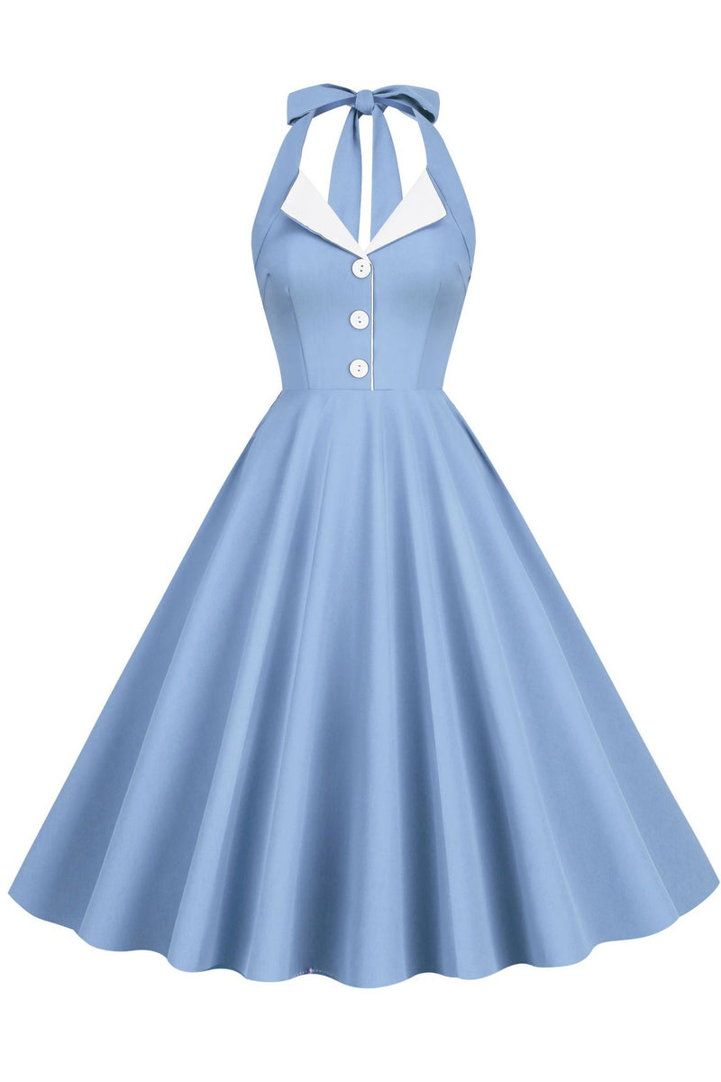 Blue Bow Tie Halter A-line Lapel Dress