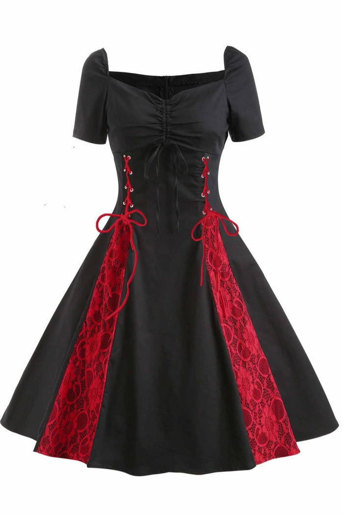 Gothic Black Lace Bow Tie A-line Vintage Dress