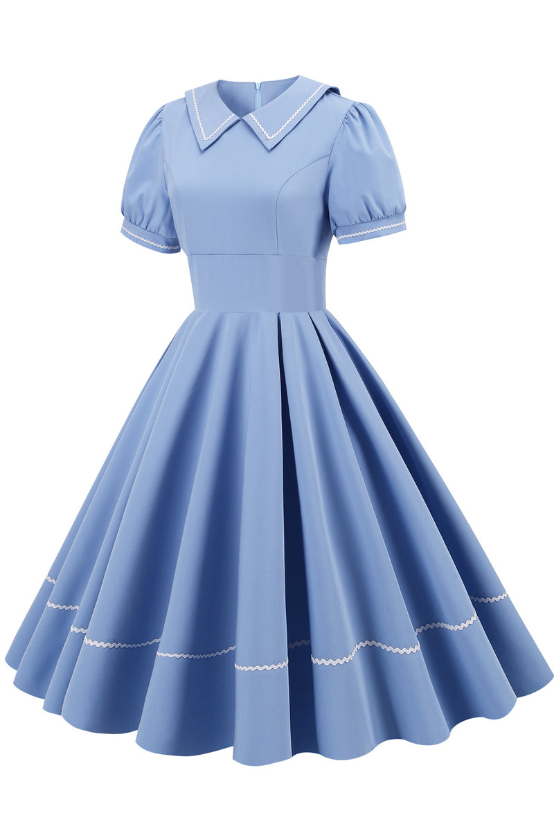 Blue A-line Shirt Collar Dress with Short Sleeves