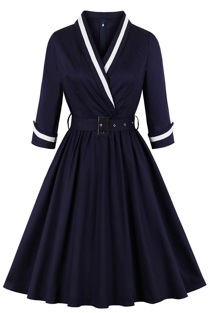Dark Navy Surplice Long Sleeves A-line Vintage Dress