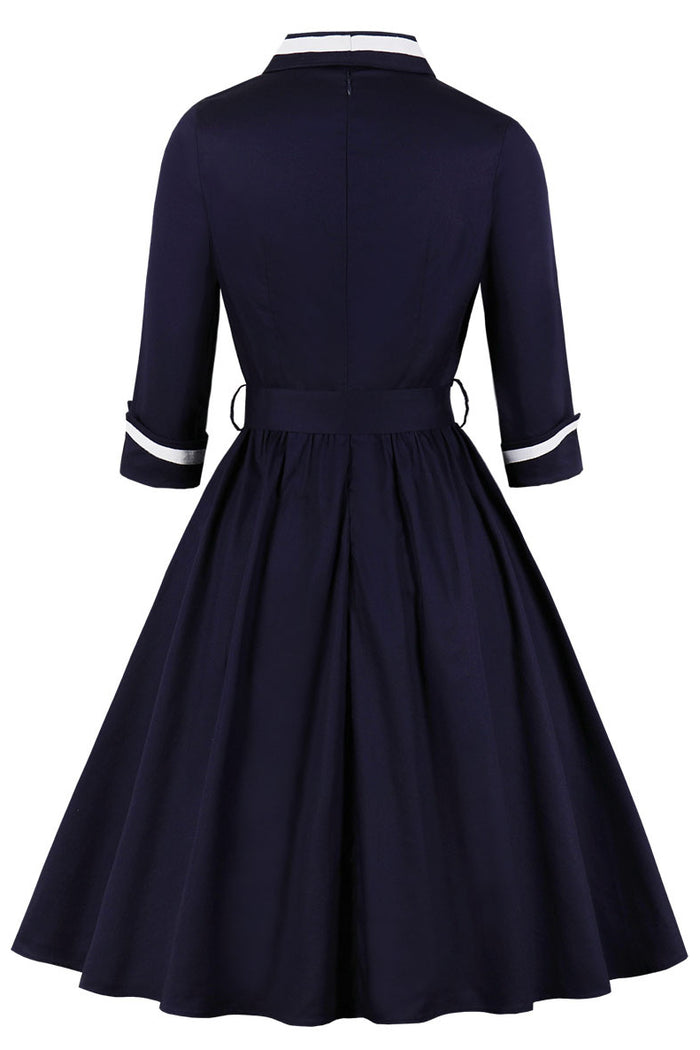 Dark Navy Surplice Long Sleeves A-line Vintage Dress