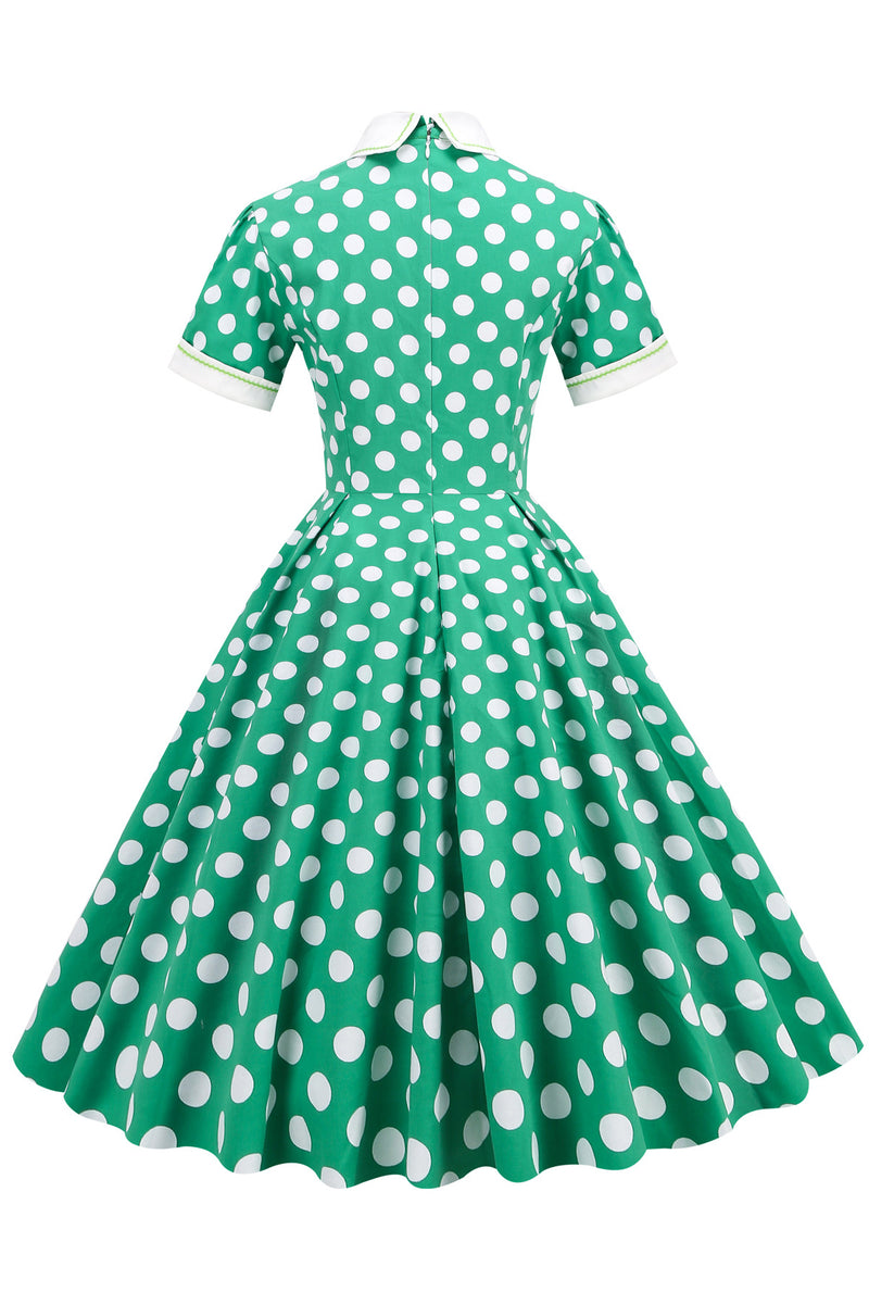 Green Shirt Collar Dot A-line Dress