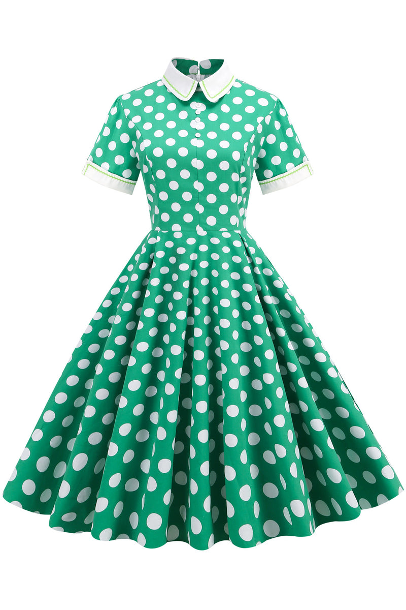 Green Shirt Collar Dot A-line Dress