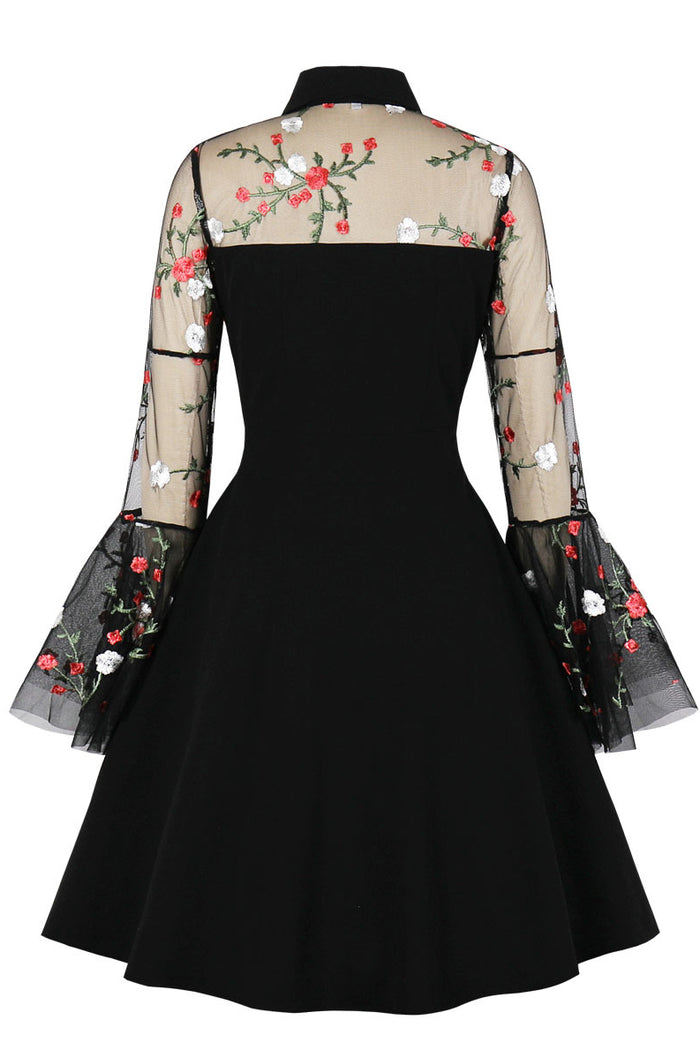 Black A-line Illusion Bell Sleeves Embroidery Vintage Dress