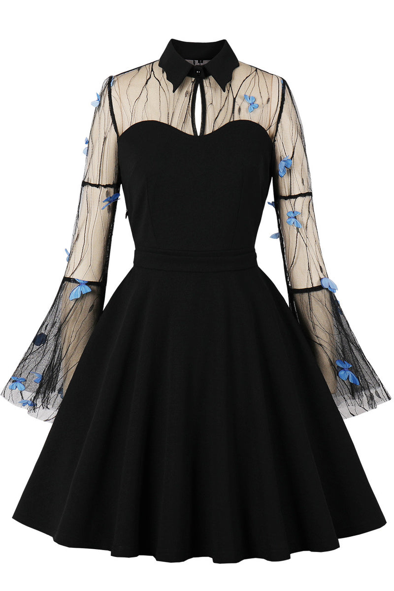 Black A-line Illusion Bell Sleeves Butterfly Vintage Dress