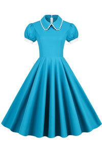 Blue Jay Ruffled Doll Collar A-line Dress with Short Sleeves
