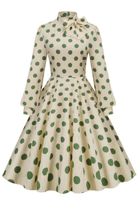 Vintage Apricot High Neck Long Sleeves Green Dot Dress with Bow