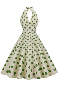 Herbene Apricot Bow Tie Halter Green Dot A-line Dress