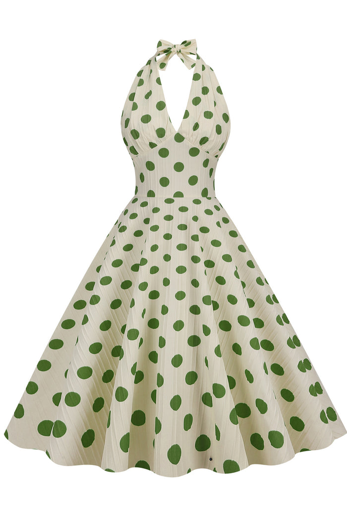 Herbene Apricot Bow Tie Halter Green Dot A-line Dress