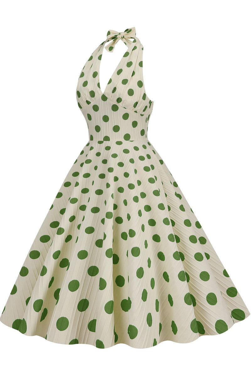 Herbene Apricot Bow Tie Halter Green Dot A-line Dress