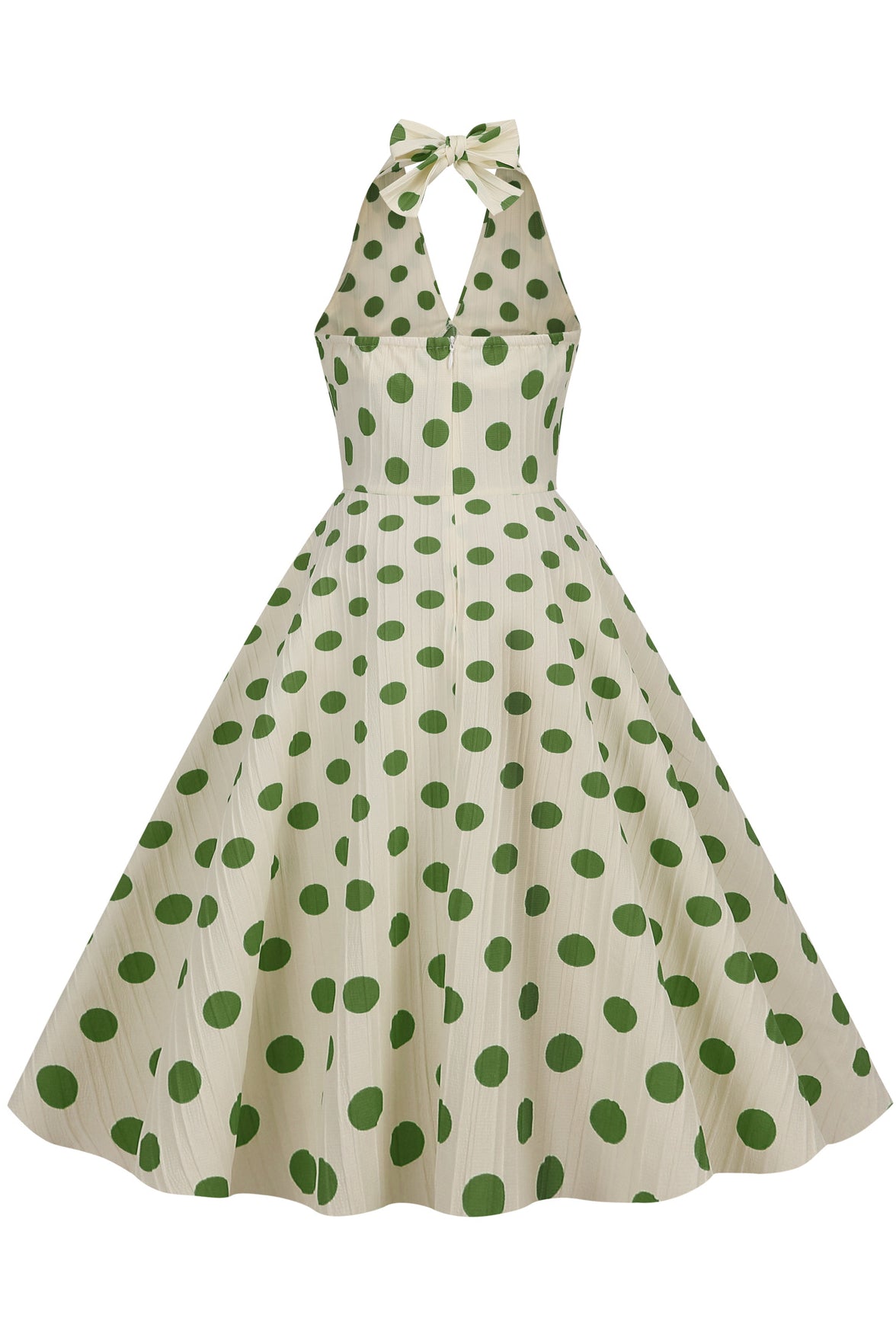 Herbene Apricot Bow Tie Halter Green Dot A-line Dress