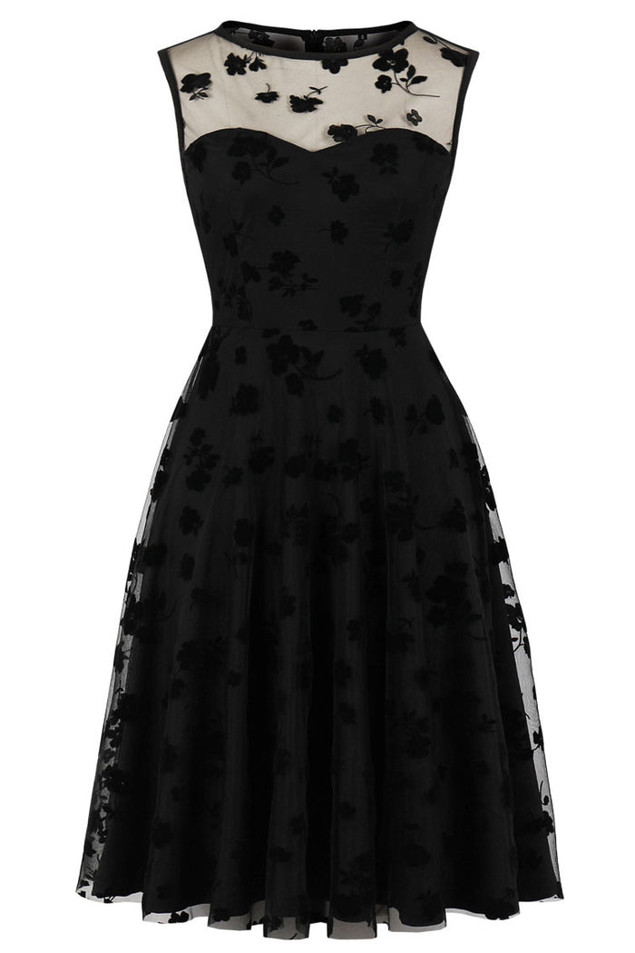 Black Illusion Neck Sleeveless A-line Embroidery Vintage Dress