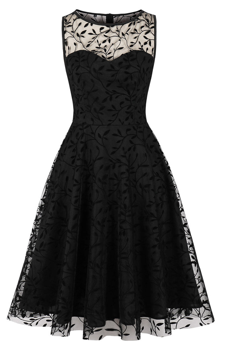 Black Illusion Neck Sleeveless A-line Embroidery Vintage Dress