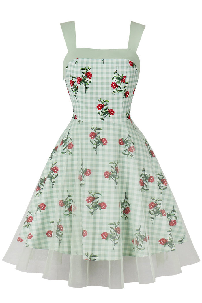 Green Plaid Floral Prints A-line Vintage Dress