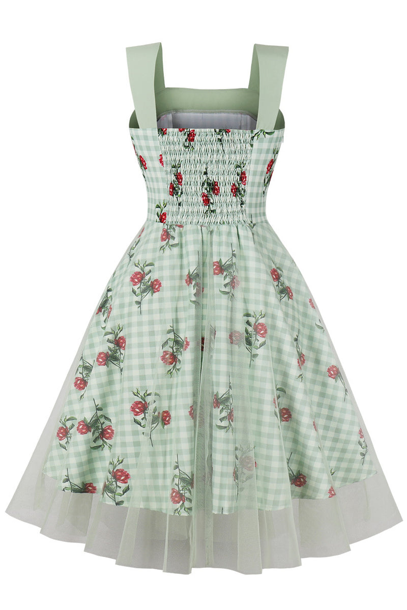 Green Plaid Floral Prints A-line Vintage Dress
