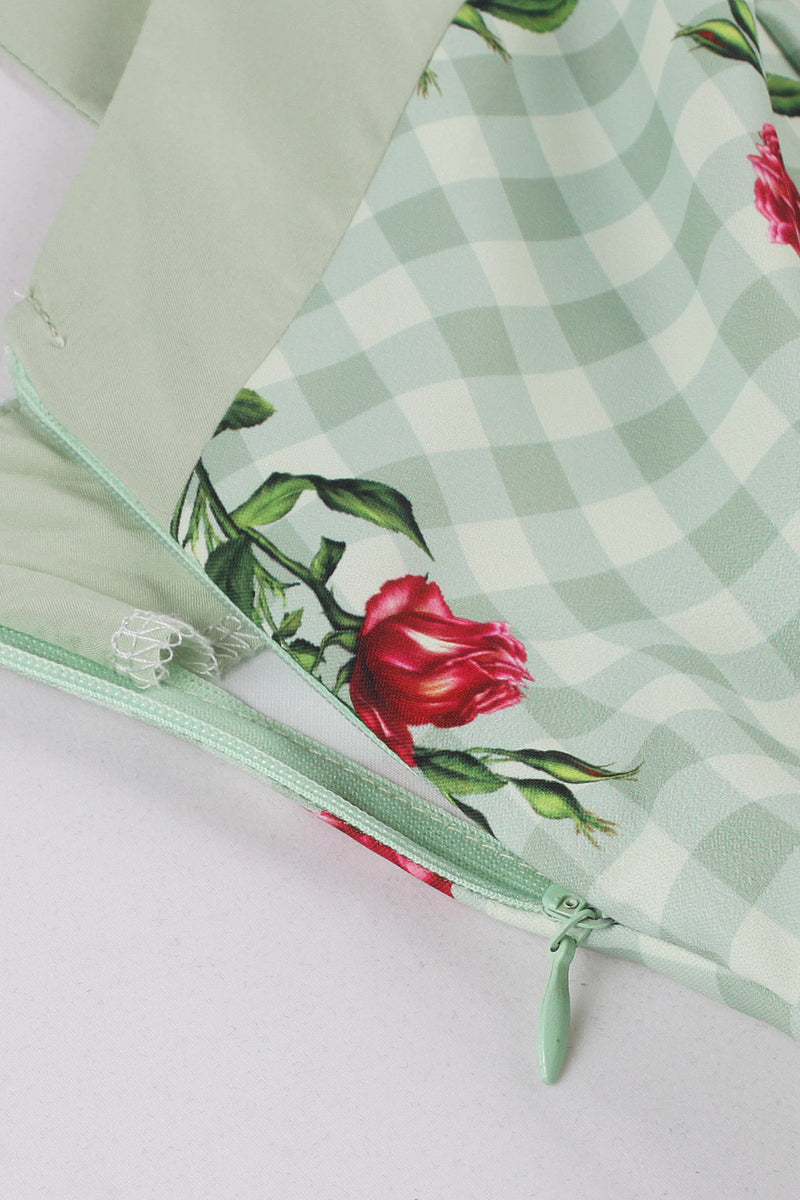 Green Plaid Floral Prints A-line Vintage Dress