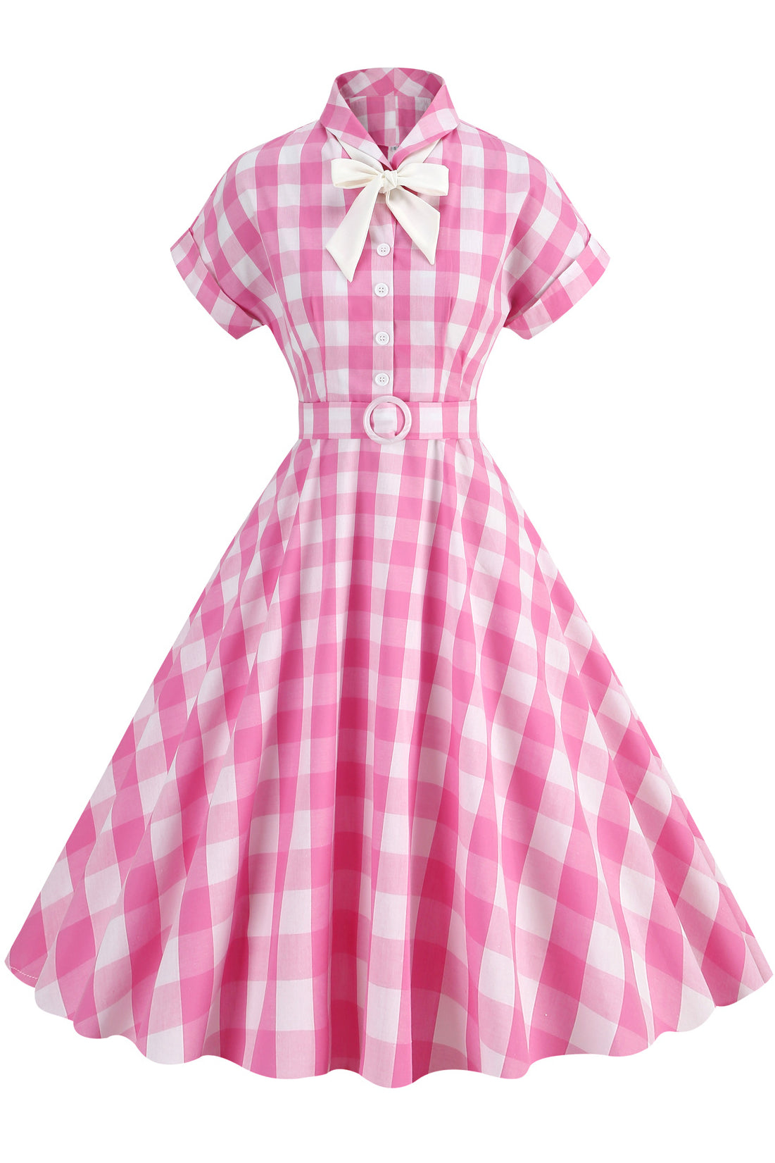 Herbene Pink Plaid Dress with Tie