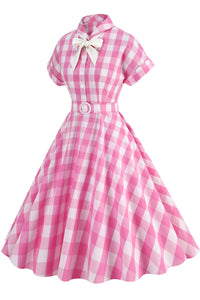 Herbene Pink Plaid Dress with Tie