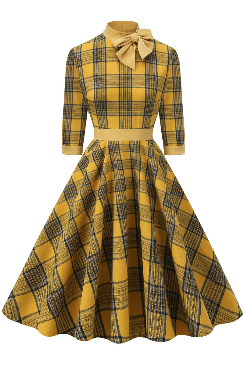 Yellow High Neck Long Sleeves A-Line Plaid Dress with Bow