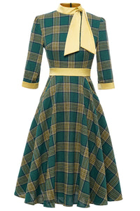 Green High Neck Long Sleeves A-Line Plaid Dress with Bow