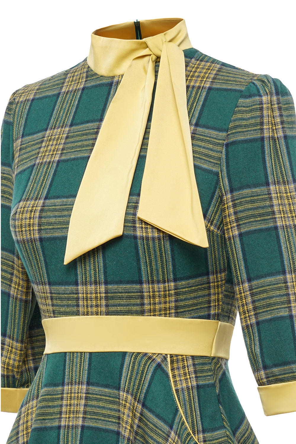Green High Neck Long Sleeves A-Line Plaid Dress with Bow