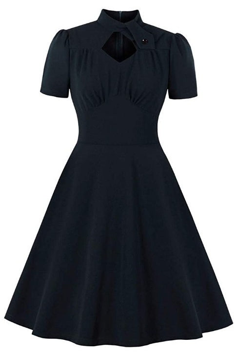 Black High Neck A-line Keyhole Vintage Dress